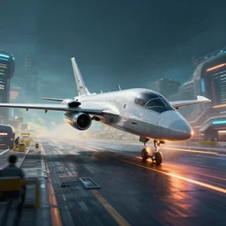 futuristic jet plane arrives at runway of cyberpunk airport,cinematic lighting, concept art