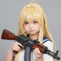 ak-47 with a full head of human blonde hair, cute, adorable, waifu
