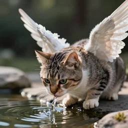 Cat with angel wings drinking from a pond, digital artstyle drawn, trending on fiverr, 40nm lens, shallow depth of field,