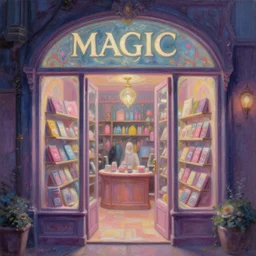 Close-up of a Magic's store, pastel painting, extremely detailed, glass, high fantasy, colorful, rgb, dark, beautiful, trending on artstation