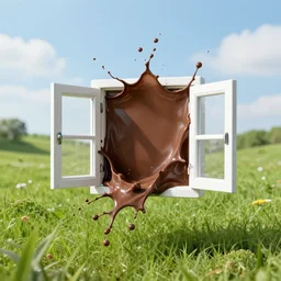 a violent huge splash of liquid chocolate coming out from a small window floating in the meadow
