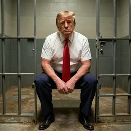 full shot of donald trump in a dirty jail cell, body like ronnie coleman, in guantanamo, by ken loach