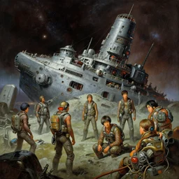 a sci - fi weyland industries space art paintings of the shipwrecked crew exploration inspired by great japanese artist kenji kawai, elysium a detailed matte painting by bruce pennington, by paul lehr, by john harris, cgsociety, retrofuturism, 7 0 s sci - fi, biopunk, sci - fi