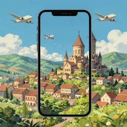 town of armenia quindio landscape, art by studio ghibli ( 1 9 9 1 ), airplanes in the sky, castle in the sky, high quality phone wallpaper, pixiv, 4 k, hd