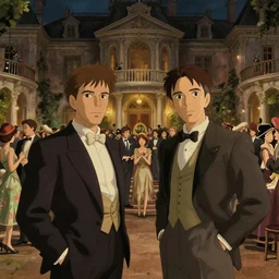 craig mullins and ghibli and james gurney detailed digital film still of a 1 9 2 0 s grand party in a beautiful mansion, many partygoers, strong contrast, unreal engine, hyper realism, realistic shading, cinematic composition, realistic render, octane render, detailed textures, photorealistic, very wide shot, 3 5 mm film