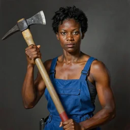 90's professional color photograph, A very muscular miner black woman in blue, short black hair, wielding a pickaxe in the mine. stunningly, beautiful, intricate, elegant, digital painting, smooth, sharp focus, beautiful bone structure, symmetrical features, made by Sam Gilliam, Edmonia Lewis,