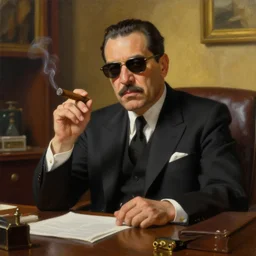 beautiful oil matte portrait painting, mafia boss holding a cigar at his 5 0 s new york office desk, wonderful masterpiece highly detailed, beautiful cinematic light deep focus, elegant, digital painting, smooth, sharp focus, golden ratio, dramatic illumination, ultra realistic, 8 k, art by jimmy law