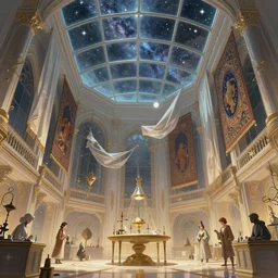 alchemist's polygonal laboratory with giant walls and glass ceilings showing the stars and hanging silk drapery and tapestries, light dust, magnificent, close up, sharp focus, elegant, highly detailed, illustration, by jordan grimmer greg rutkowski wlop maya takamura, intricate, trending artstation, pixiv, digital art