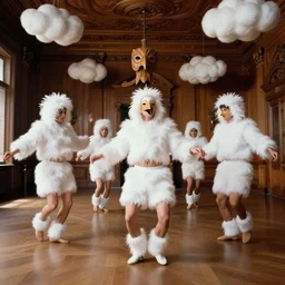 realistic photo portrait of the friends, white carnival fluffy costume, wooden mask sculpture of a totem bird, wearing hairy fluffy cotton shorts, dancing in the spacious wooden polished and fancy expensive wooden room interior with many cloud sculptures 1 9 9 0, life magazine reportage photo