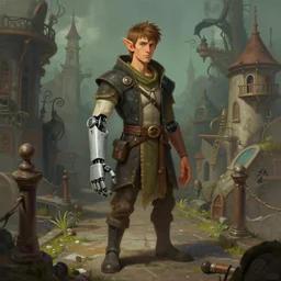 a radical 2 0 year old goliath with a robotic left hand hanging out in a random pointlessly elaborate intricate town, standing on the walkway, anatomically correct hands, dnd character art portrait, matte fantasy painting, deviantart artstation, by jason felix by steve argyle by tyler jacobson, cinematic lighting