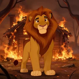 disaster nala lion king standing in front of burning house looking at camera by croxot