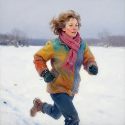 a middle aged woman with short wavy curly light brown hair and blue eyes wearing colorful winter clothes is running in a snowy field. beautiful painting by artgerm and greg rutkowski