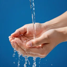 hands cupped together with water running down from above, overflowing, washed out blue background, detailed, realistic, professional photography