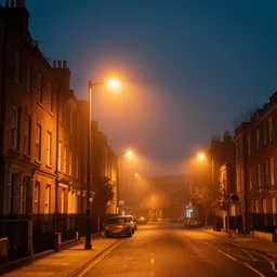 foggy council estate at night, with orange orange orange orange street lights