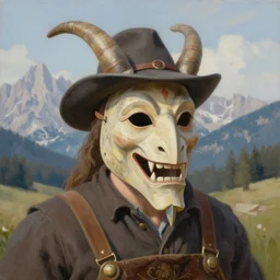 a portrait of a tyrolean krampus mask wearing farmer , bavarian hat, dolomites in the background, illustration, soft lighting, soft details, painting oil on canvas by mark arian by artgerm, trending on artstation, 4k, 8k, HD
