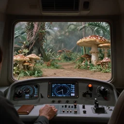 a spaceship cockpit, 1 9 8 0 s science fiction, windows overlooking a lush arid mushroom jungle landscape, sci - fi film still, screenshot from a science fiction movie, ridley scott,