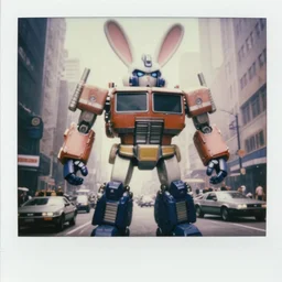 epic pose!!! giant oversized battle rabbit robot chubby mech transformers retro boombox delorean carbot double decker with giant oversized ears and rabbit babies, in busy city, full body, cinematic focus, polaroid photo, vintage, neutral dull colors, soft lights, foggy mist, by oleg oprisco, by thomas peschak, by discovery channel, by victor enrich, by gregory crewdson