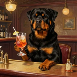 anthropomorphic rottweiler serving drinks in a swanky bar, thomas kinkade