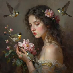 goddess of flowers. birds. atmospheric lighting. highly detailed digital painting by greg rutkowski. sharp focus, 8 k.