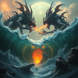 fight of two lovecraftian monsters on alien planet, water wave, ornate and intricate, glowing nether portal, dim painterly lighting volumetric aquatics, jaw droping by anton fadeev, by rhads, 4 k, detailed