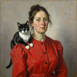 a painting of a middle aged woman in a red dress has a cat sitting on her shoulder, by christian schad