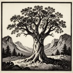 Yggdrasil, woodblock print, fine art