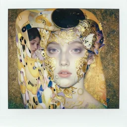 a beautiful girl's face made of ivory and gold filigree, polaroid by edward hopper, by Bosch, by klimt, art noveau, highly detailed, strong lights, liminal, eerie, Bright pastel colors, octane render, 8k,