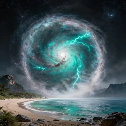 nebula inside stargate portal, rendered in unreal engine, central composition, symmetrical composition, ethereal, space dust, cyan lightning, black mist, cinematic, backlight, mountains nice views beautiful lighting realistic nature beaches realistic super detail real rendered photorealistic clear water, ethereal, cosmic