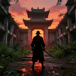 samurai silhouette with katana in right hand staying in the abandoned concrete temple, abandoned buildings, empty streetscapes, surrounded by lush green vegetation, ground-level view, puddles of water, stunning volumetric lighting, sunset, trending on Artstation, 8k, photorealistic, hyper detailed, unreal engine 5, cinematic, epic lighting, cryengine, octane render, cyberpunk, red and orange glow, dark, gloomy