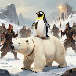 A penguin, riding a polar bear, in an epic medieval battle