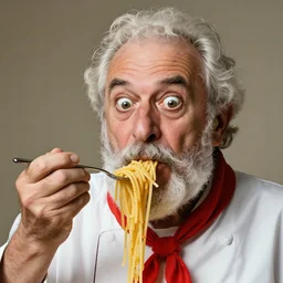 extremely detailed portrait of old italian cook, spaghetti mustache, slurping spaghetti, spaghetti in the nostrils, spaghetti hair, spaghetti beard, huge surprised eyes, shocked expression, scarf made from spaghetti, full frame, award winning photo by letizia battaglia