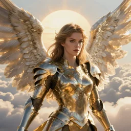 A beautiful fierce angel wearing metallic battle armor, posing among heavenly sunlit clouds, close-up shot, intricate, elegant, digital painting, golden hour, cinematic, trending on artstation, concept art, smooth, sharp focus, illustration, art by artgerm and Greg Rutkowski and Alphonse Mucha