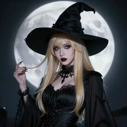 portrait of beautiful blonde woman as a Dark evil witch, big moon in the background, Shimoda, Hikari