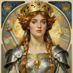realistic detailed portrait of a very beautiful warrior queen by alphonse mucha, charlie bowater, art nouveau cyberpunk! style, mechanical accents!, flowing wires with leaves, rich deep moody colors