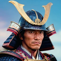 a powerful japanese samurai wearing a viking's horned helmet, detailed face, highly detailed, face symmetry, character concept portrait by moebius and laurie greasley, colorful, profile picture, 8 k, cinematic color grading