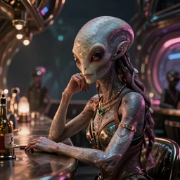 beautiful alien girl in an alien bar, ultra hd render, artstation, digital art, cinematic lighting, immensely detailed, dramatic lighting, octane 3 d render