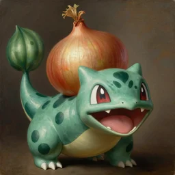 onion bulbasaur portrait, baroque painting, elated gaunt onion head