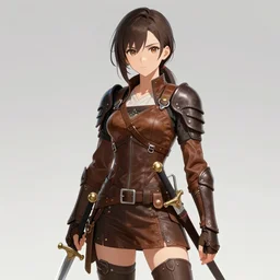 a female adventurer in leather armor with a sword attached to her hip, anime style, character sheet, concept art, silver hair, detailed face, artstation, trending, masterpiece, high resolution