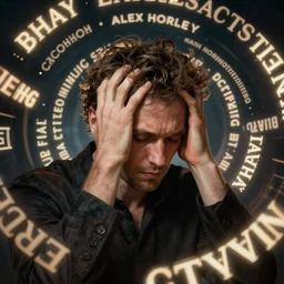 man clutches his head,  surrounded by glowing floating words, by Alex Horley