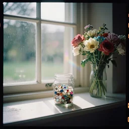 kodak portra 4 0 0, wetplate, muted colours, still life portrait by britt marling of a single jar filled with sparkling jewels, fog, haze, near a sunlit window in a room, bright sunlight, flower vase, colourful godrays shinging through the window, a english park outside, no people