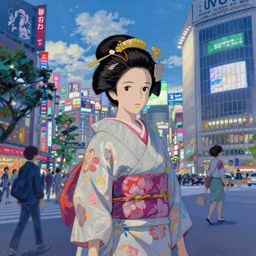 geisha in front of shibuya. cyberpunk. beautiful blue sky. gorgeous epic nature, lofi, vivid colors, amazing light, by claude monet, by goseki kojima, heavily inspired by makoto shinkai, inspired by ghibli, masterpiece, multiple brush strokes, impressionist style