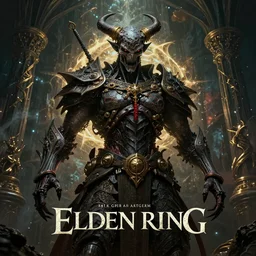 Elden Ring and Doom themed beautiful cinematic horror poster satanic demon hybrid cyborg, dark fantasy matte painting movie poster, golden ratio, trending on cgsociety, intricate, majestic, dark epic fantasy, trending on artstation, by H.R. Giger and Artgerm, James Jean, Noah Bradley, Darius Zawadzki, highly detailed, vibrant, cinematic quality character sheet render; low angle; ultra high quality model; production quality cinema model