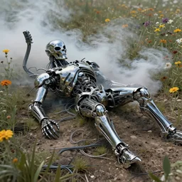 destroyed combat terminator lying in a field of flowers, twisted metal, chrome, reflections, earth, terrible, anthropomorphic, photorealism, smoke, metal, 8 k, surreal, wires, wild flowers, smooth, sharp focus, top view, extremely detailed, ultra - realism, elegant, establishing shot, epic, by jeff koons, artgerm and greg rutkowski