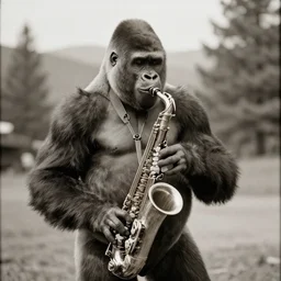 photograph of gorilla playing on saxophone, Colorado 1929
