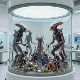 some weird hardcore procedural alien species undergoing a science experiment, going on in a glass chamber in a white observation room, 4 k