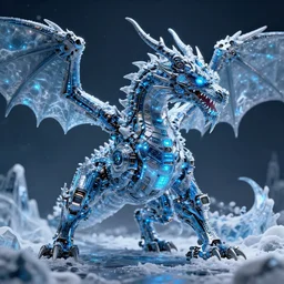 a cybertronic  dragon In the ice and snow, leds, high detail, sharp, studio,  hd, hdr, ue5, ue6, unreal engine 5, cinematic 4k wallpaper, 8k, ultra detailed, high resolution, artstation, award winning