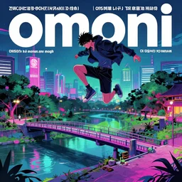 1 9 7 9 omni magazine cover of jumping off a bridge above a park in osaka. cyberpunk style by vincent di fate