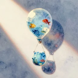 hovering balloons filled with water and sea creatures. soft lighting, soft colors, watercolor