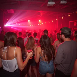 friends dancing at an alternative concert with drinks, crowd in the back, very surrealism style