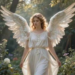 an exquisite portrait painting of a beautiful angel with her wings spread out, in a dreamy garden by daniel gerhartz. highly detailed, back lit, beautiful painting, soft illumination, atmospheric, ethereal